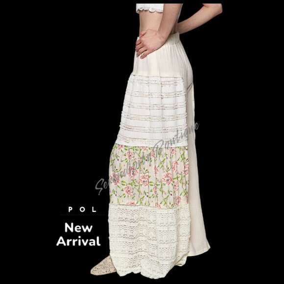 POL Fluttering Lace & Double Gauze Floral Patch Exaggerated Wide Leg Pants - Picture 1 of 15